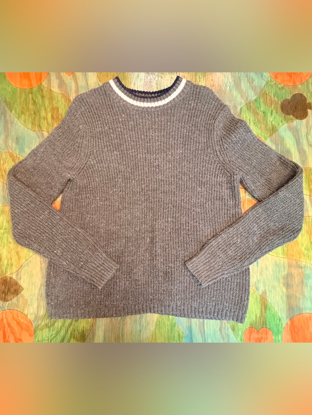 Massini Sweater Womens Sz L Gray Ribbed Pullover Striped Neck Long Sleeve Pullov
